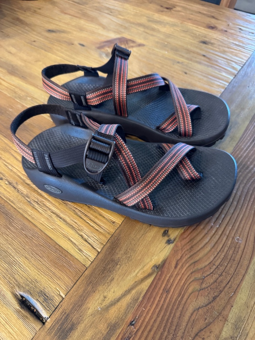 Chaco Vibram Brown Sandals with Orange-Trim Webbing